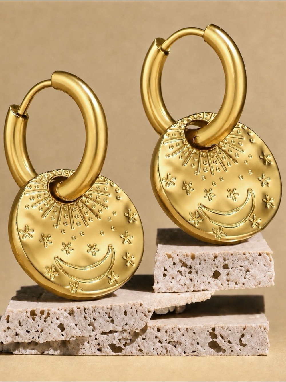 “Exist by the Sun, Love by the Moon” Celestial Engraved Dots Gold Stainless Hoop